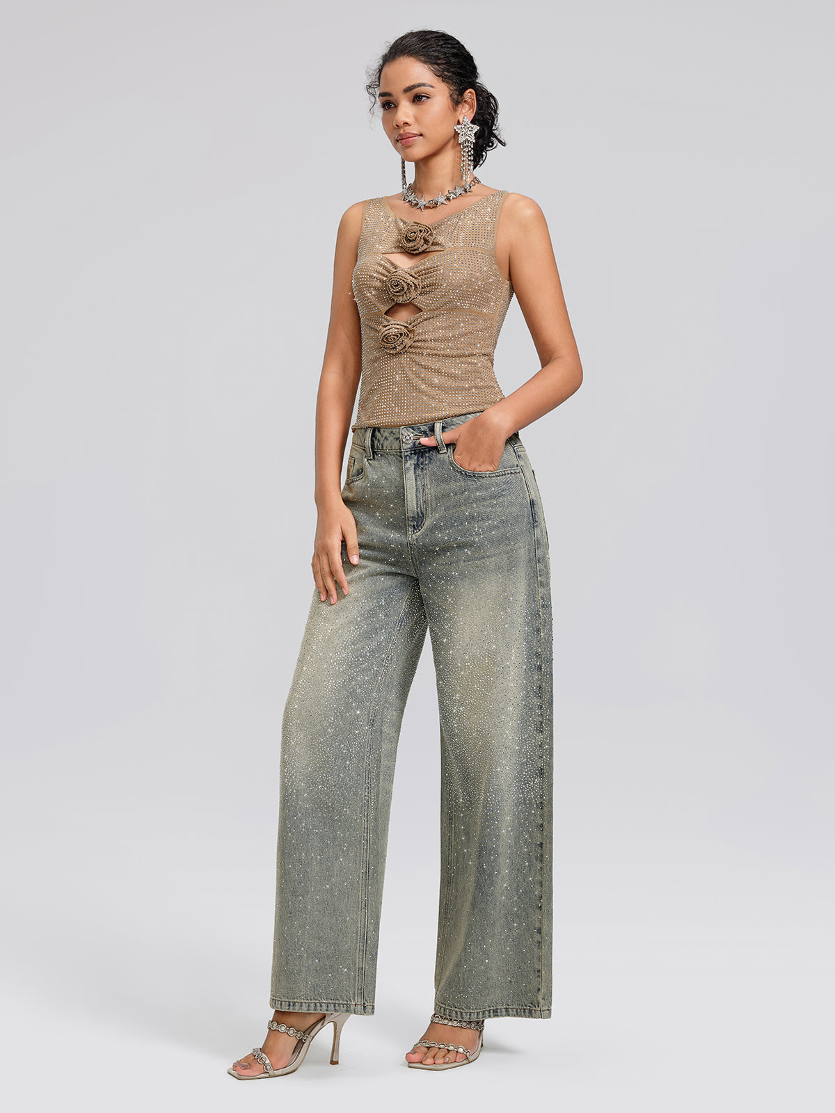 Rhinestone Rose Cutout Mesh Vest