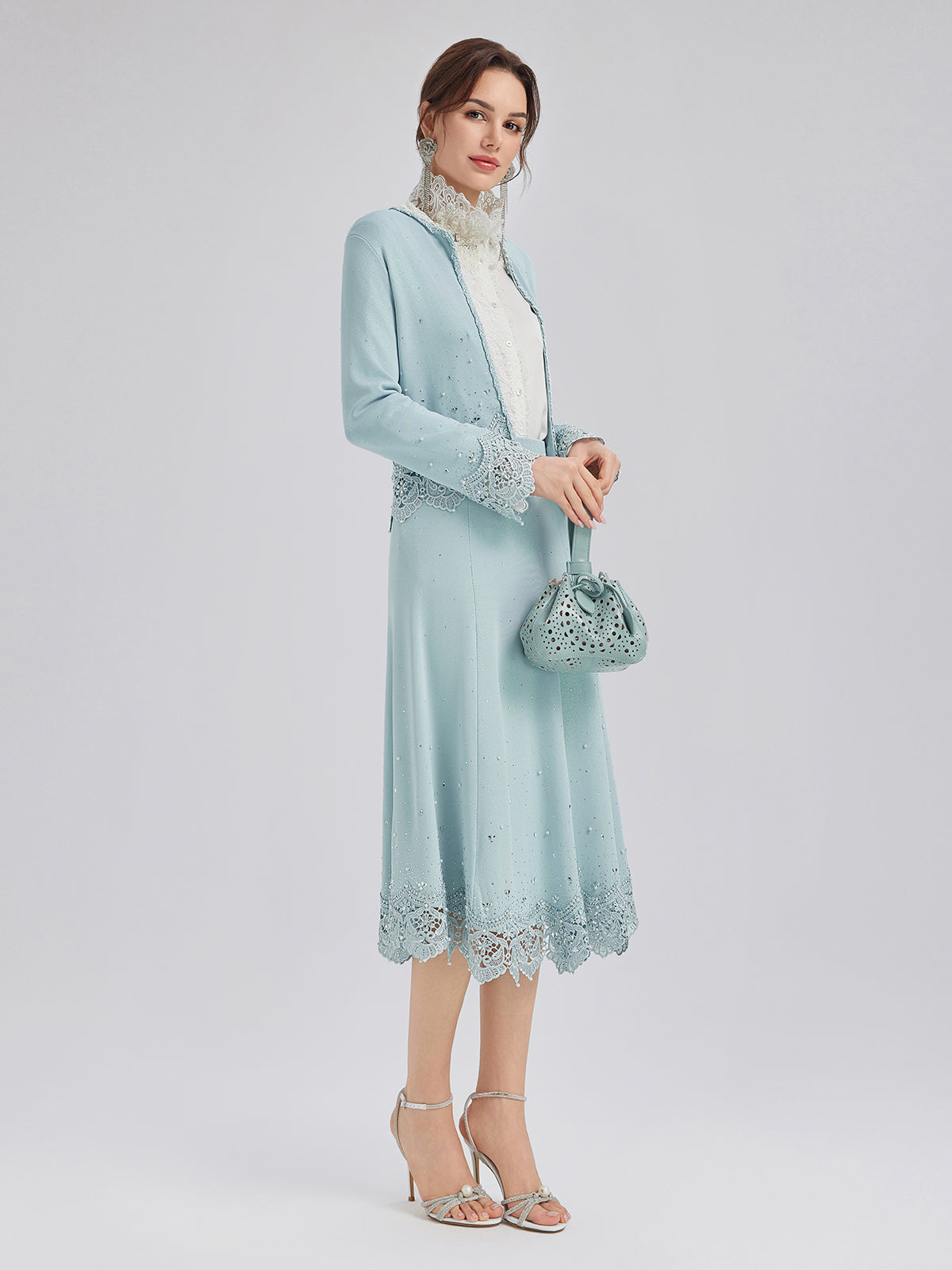 Rhinestone Lace Knit Elasticated Skirt