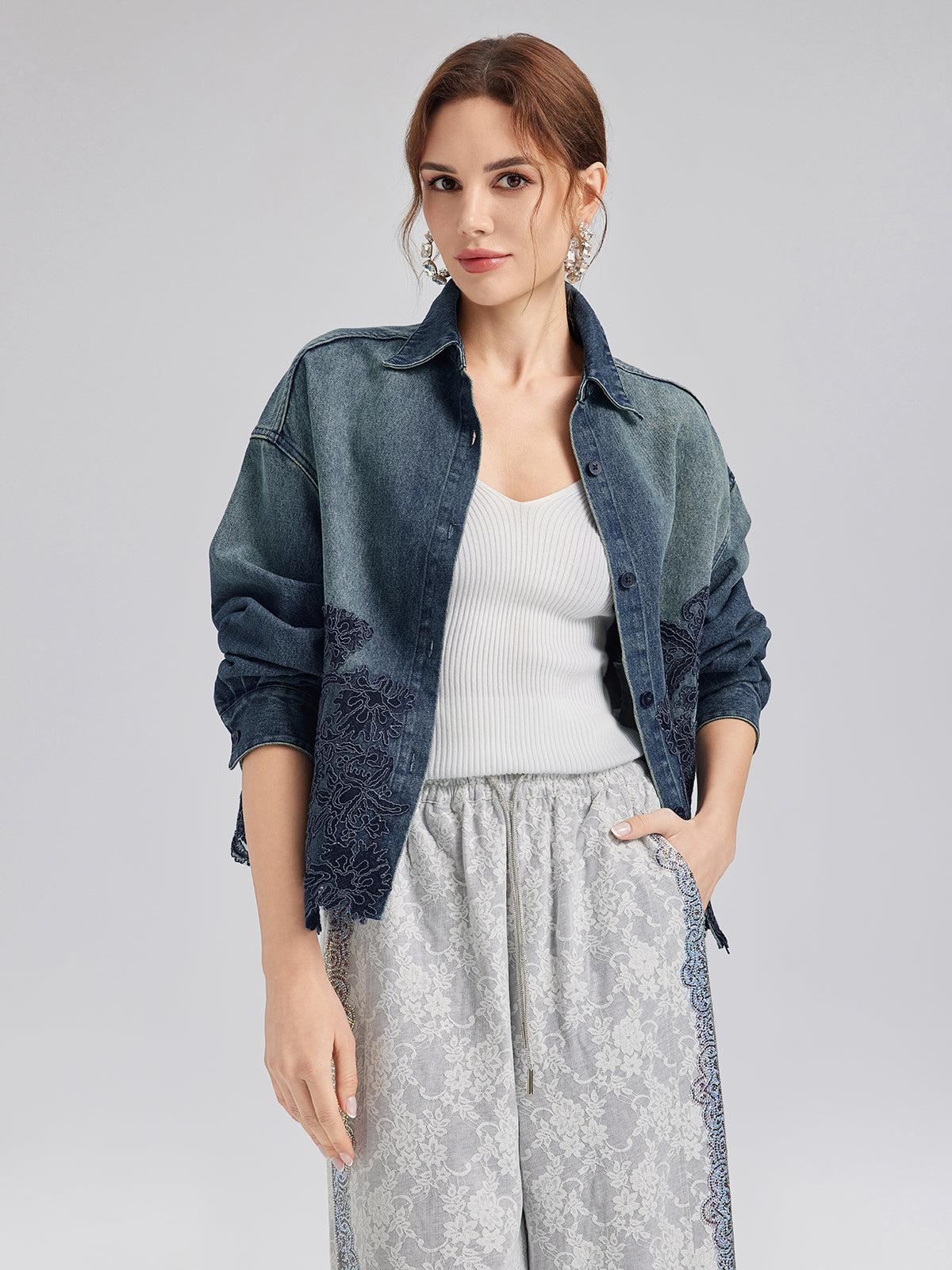 Final Sale | Lace-Paneled Cotton Denim Jacket