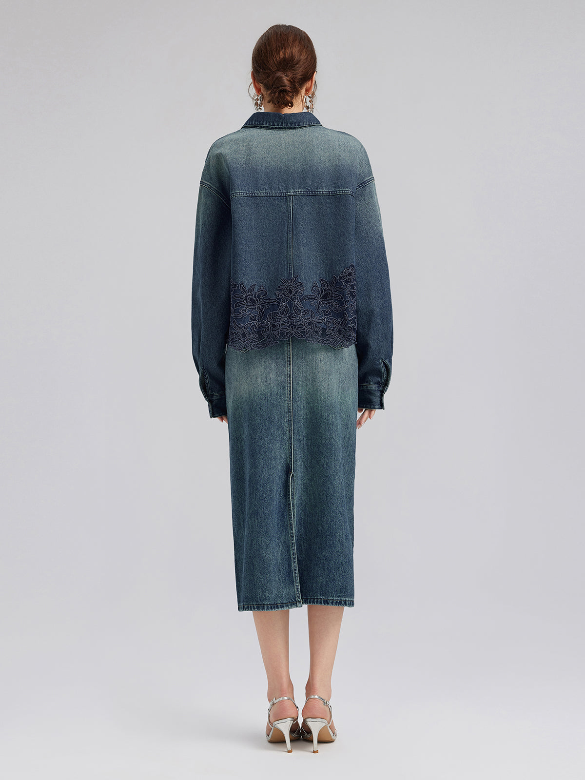 Lace-Paneled Cotton Denim Jacket