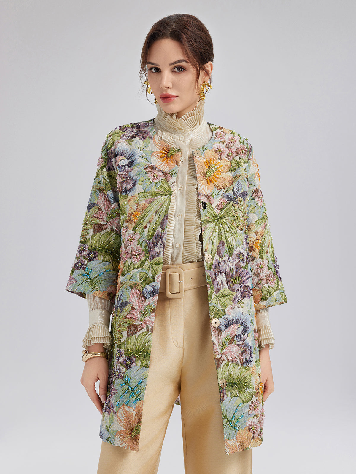 Hand-Beaded 3D Floral H-Line Jacket