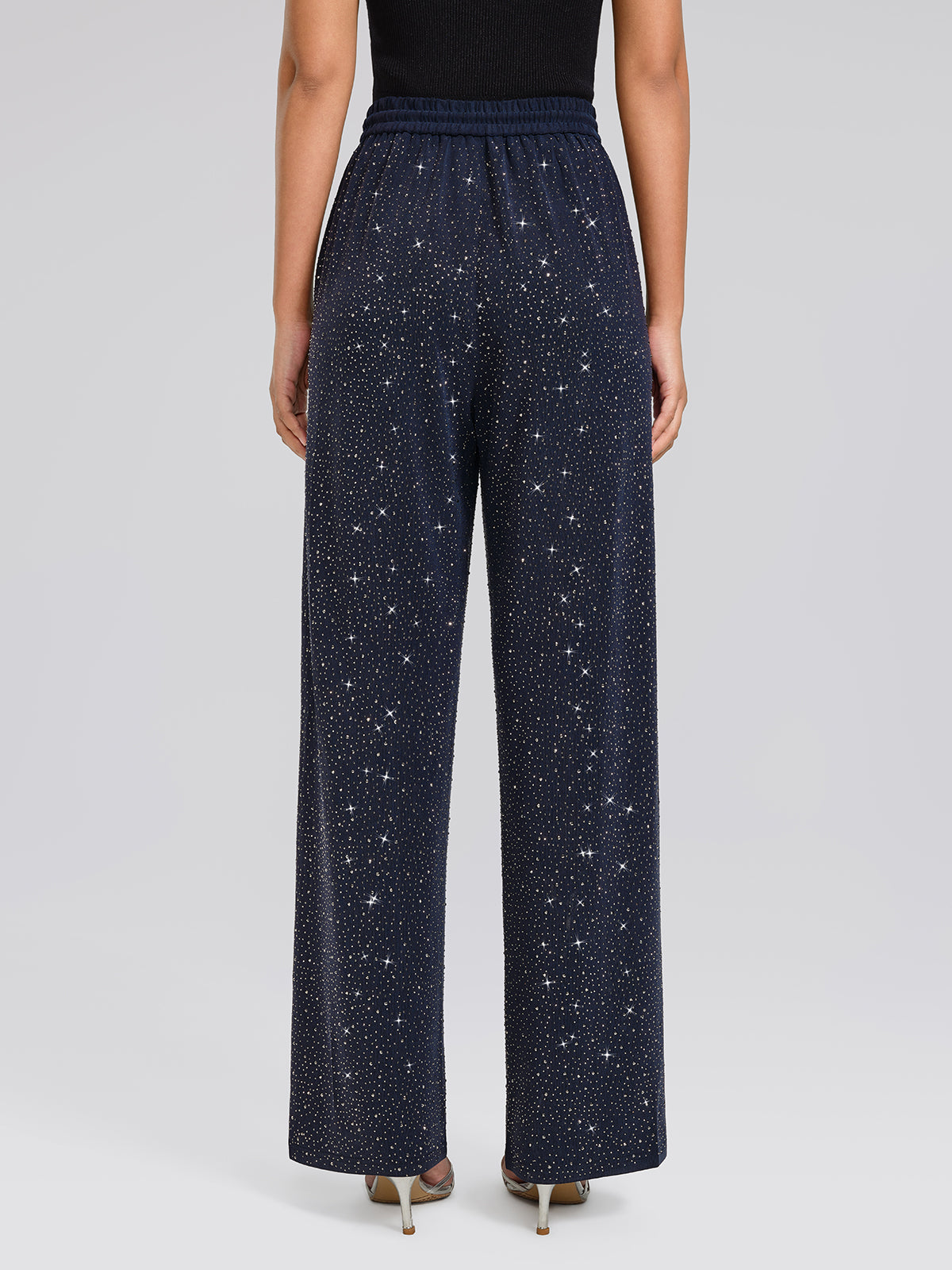 Navy Rhinestones Knit Drawstring Wide-Leg Pants