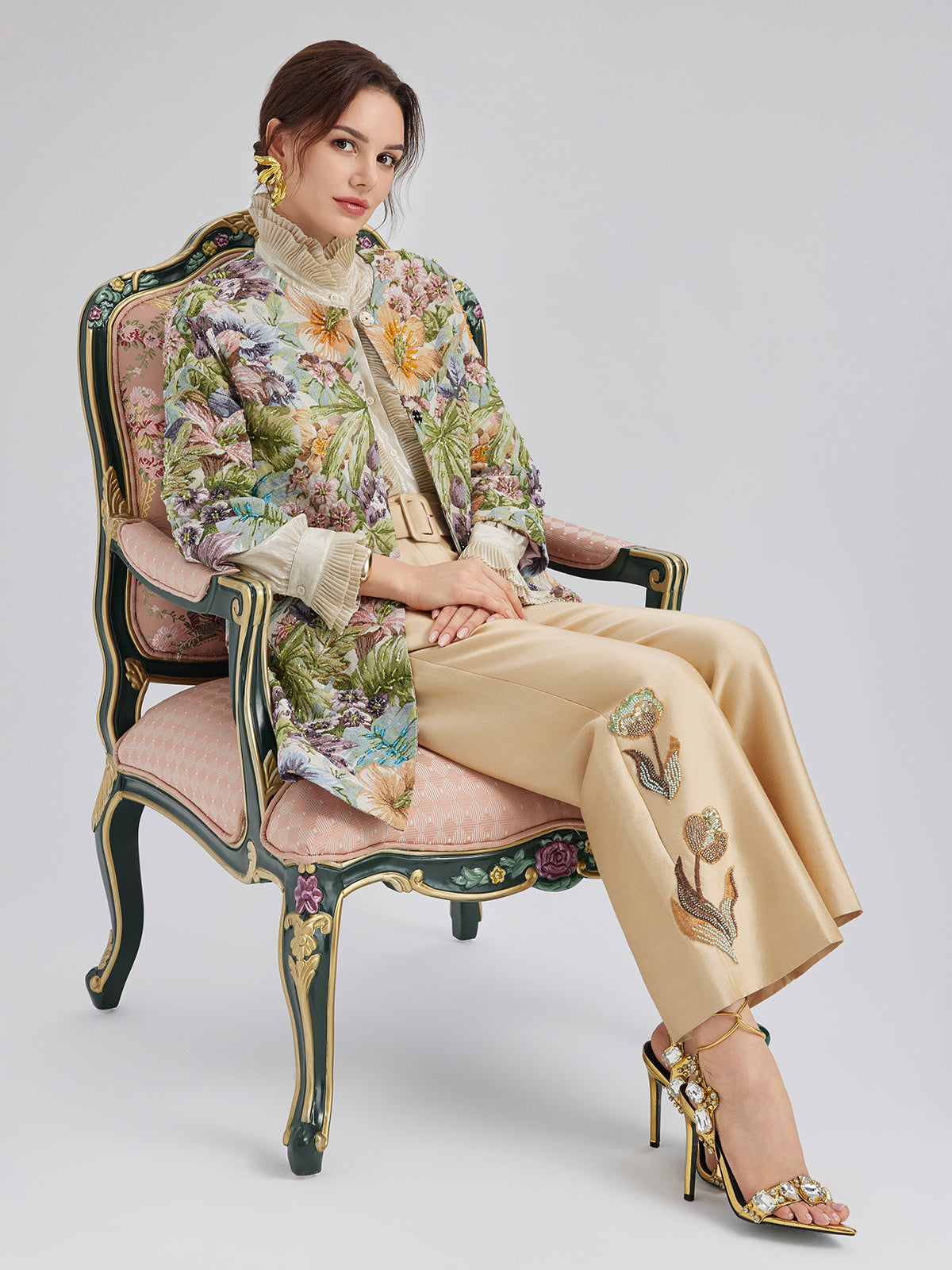 Hand-Beaded 3D Floral H-Line Jacket