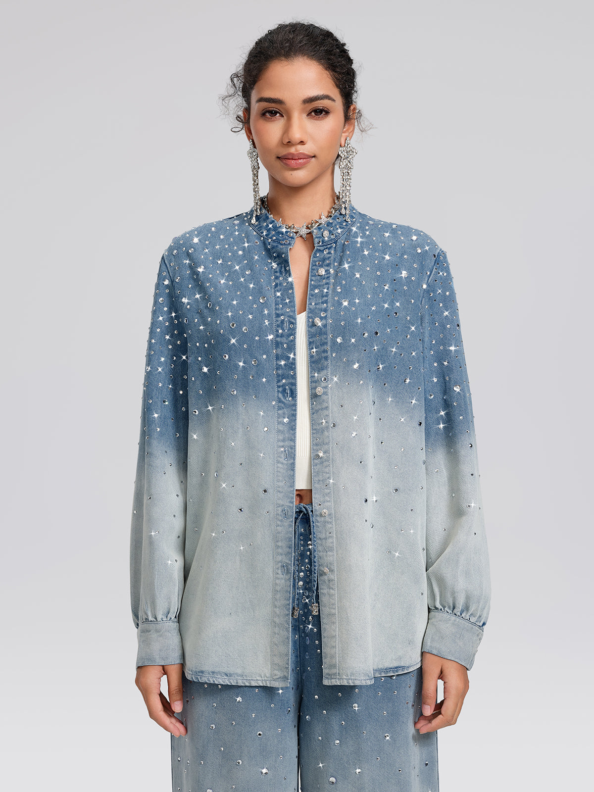 Ombre Washed Rhinestone Stand-Collar Denim Jacket