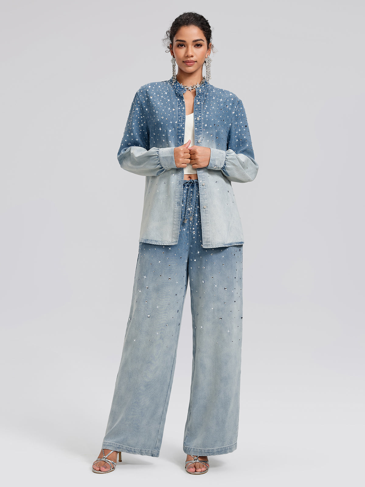Ombre Washed Rhinestone Stand-Collar Denim Jacket