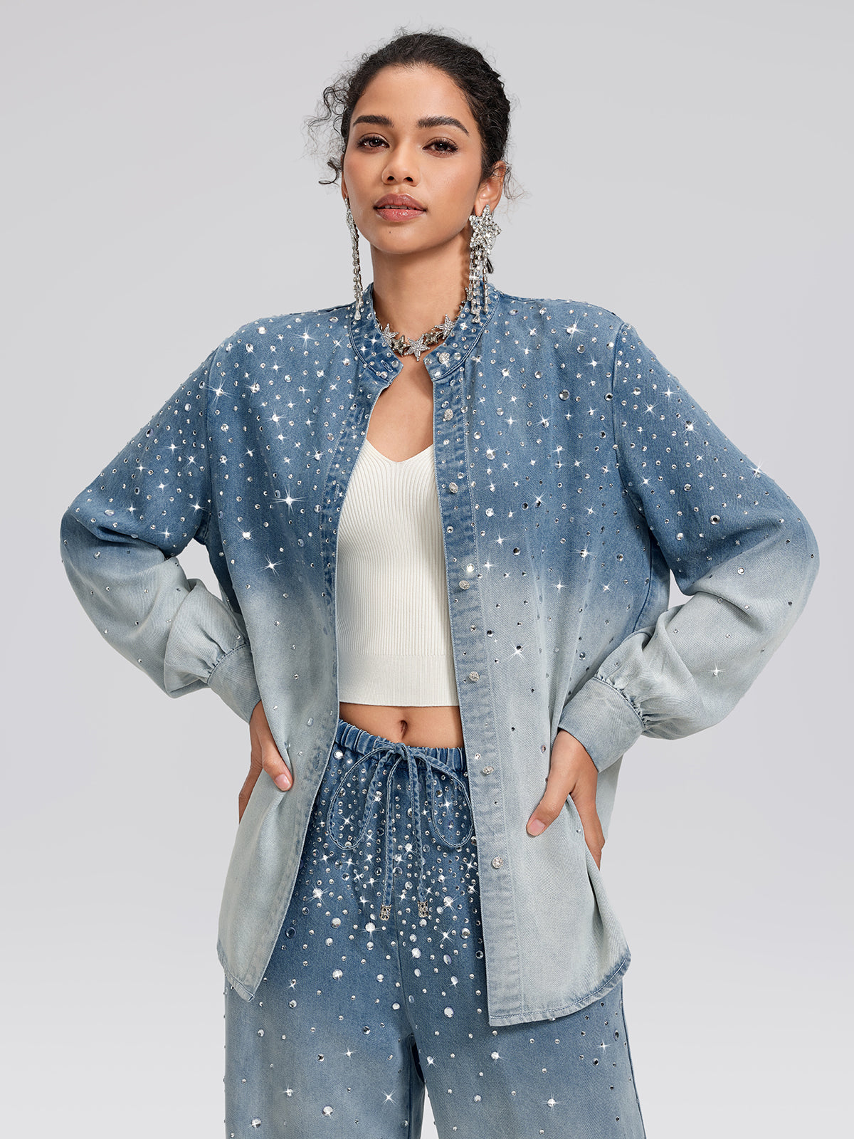 Ombre Washed Rhinestone Stand-Collar Denim Jacket