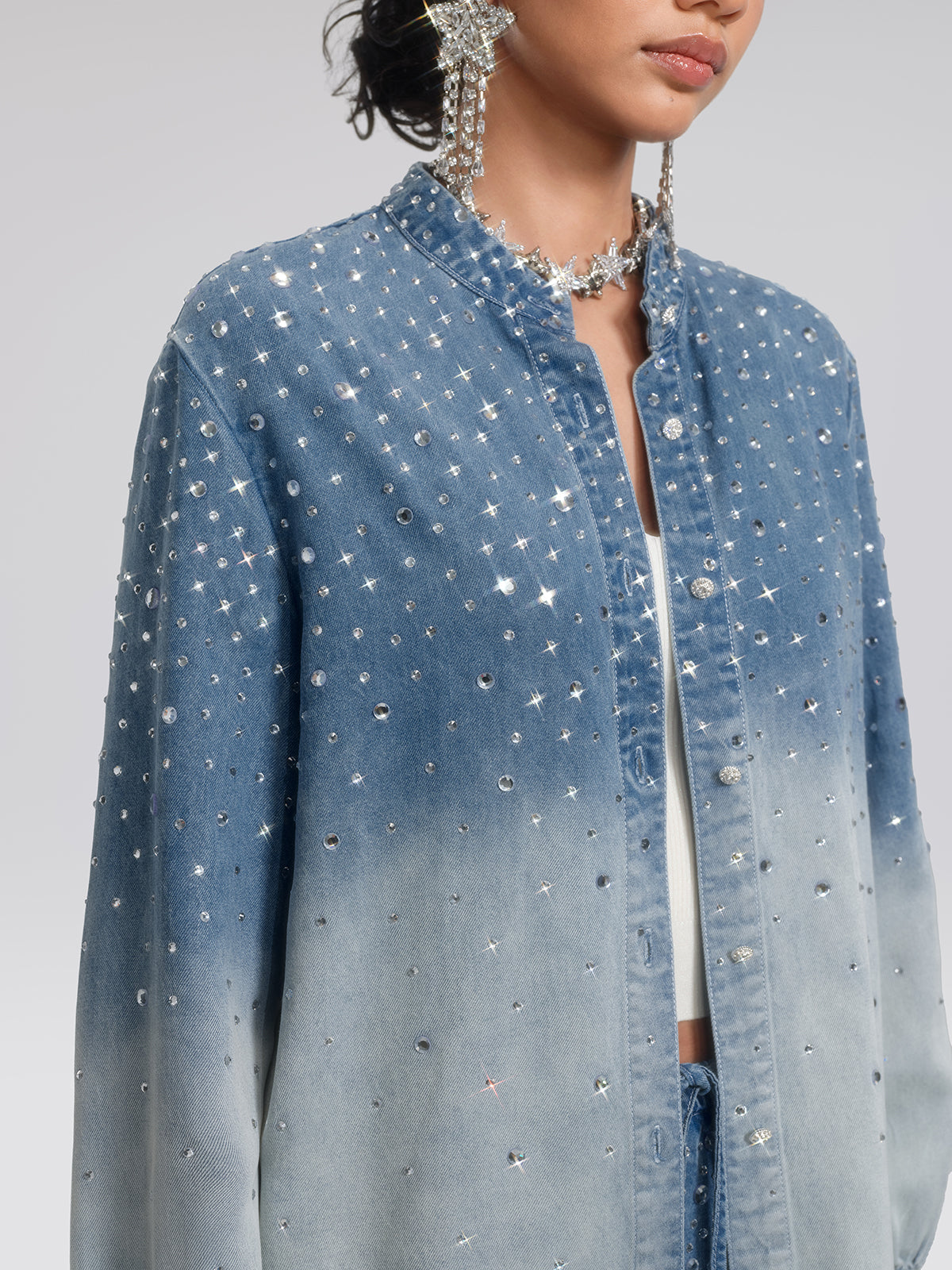 Ombre Washed Rhinestone Stand-Collar Denim Jacket