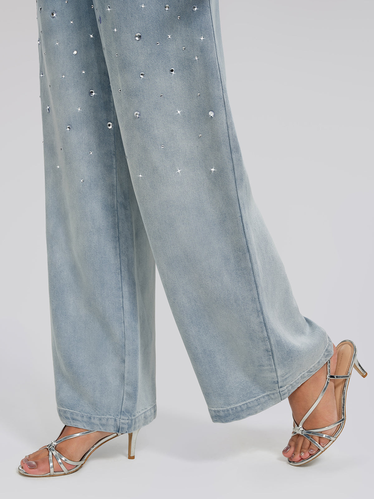 Ombre Washed Rhinestone Wide-Leg Jeans