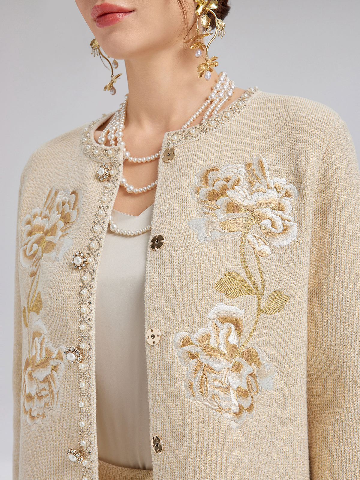 Rhinestone Beaded Embroidered Knit Cardigan