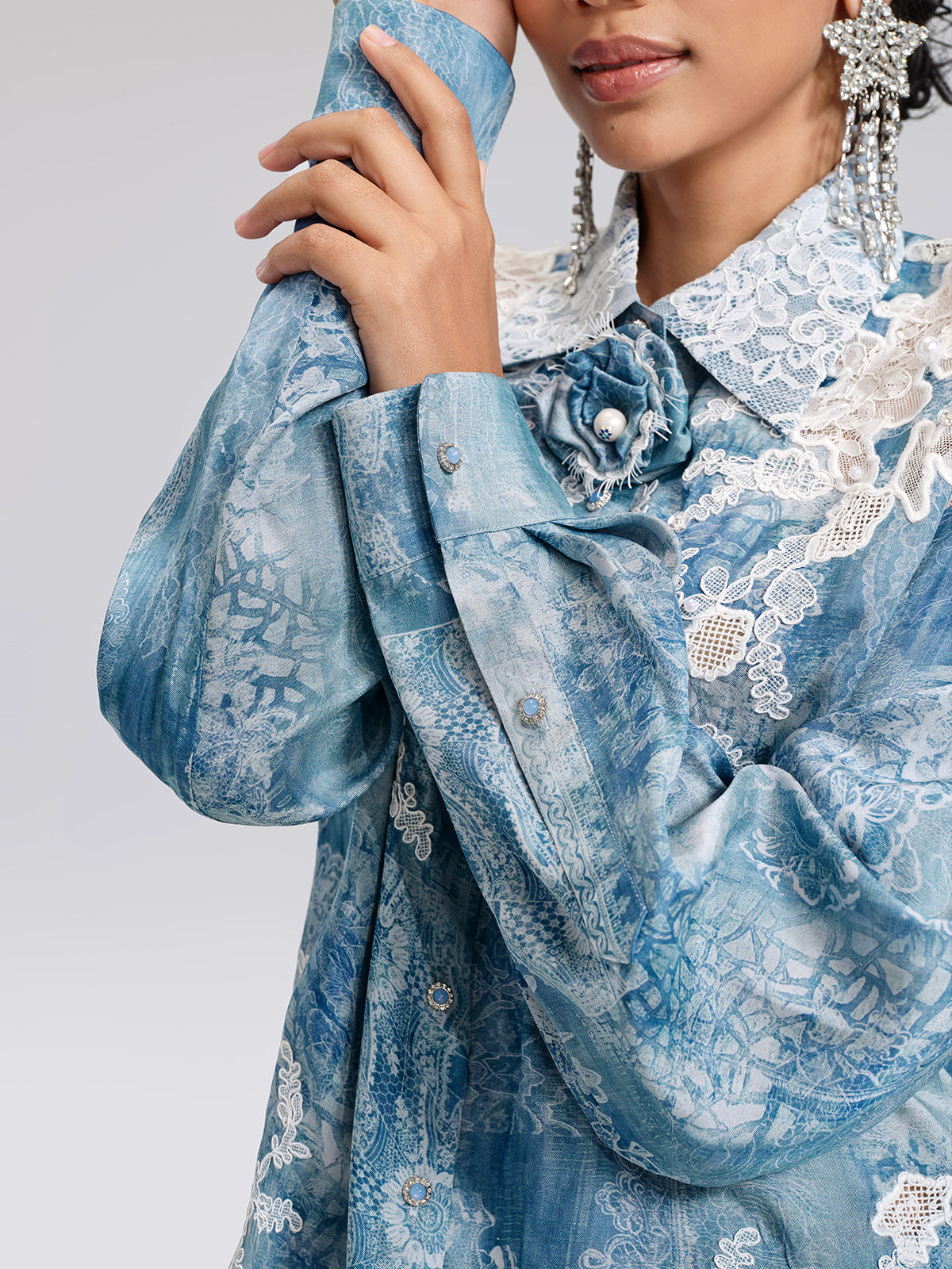 Tencel Embroidery Lace-Panel Shirt (Detachable Floral Included)