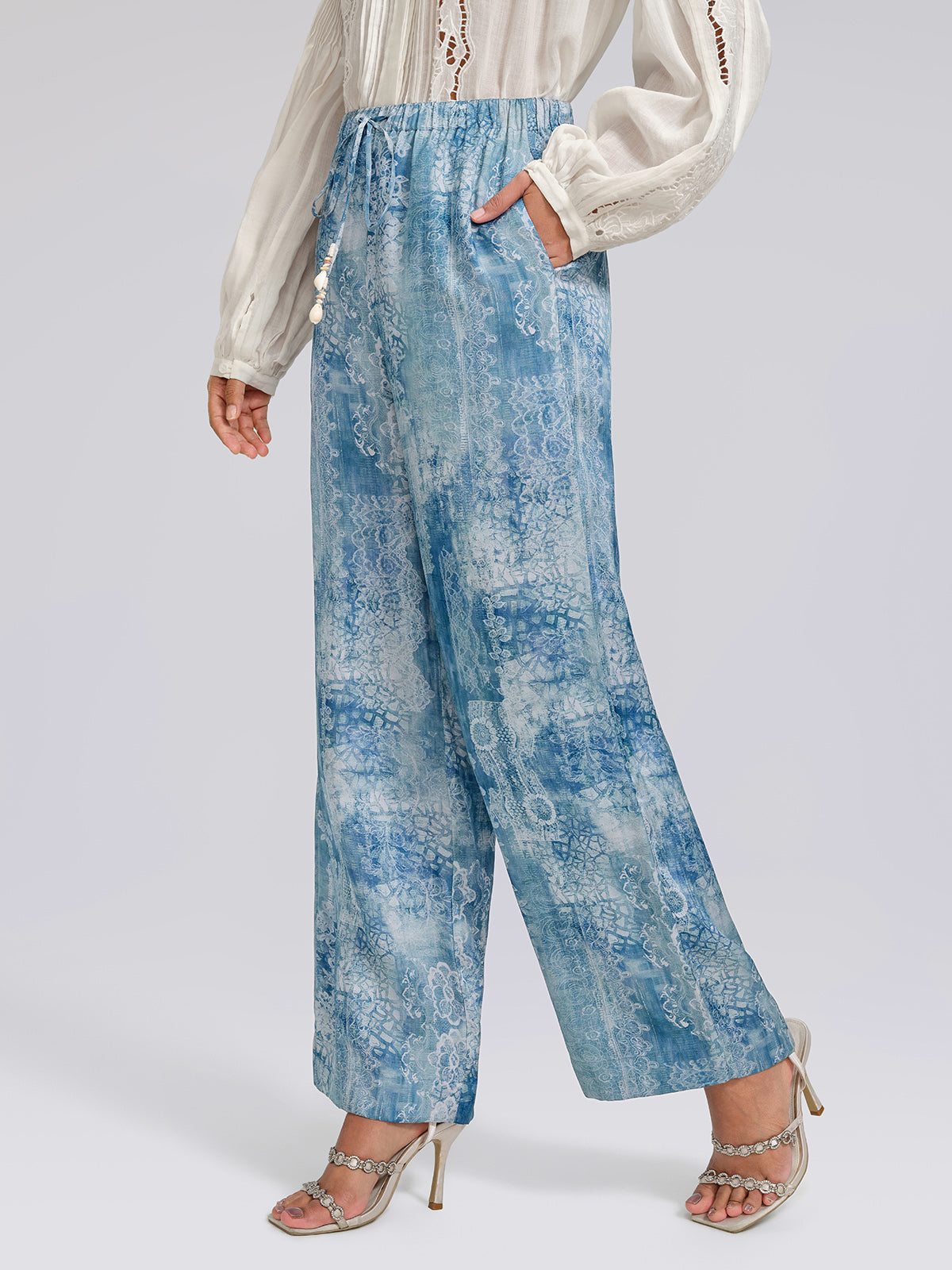 Tencel Printed Elastic Waistband Wide-Leg Pants