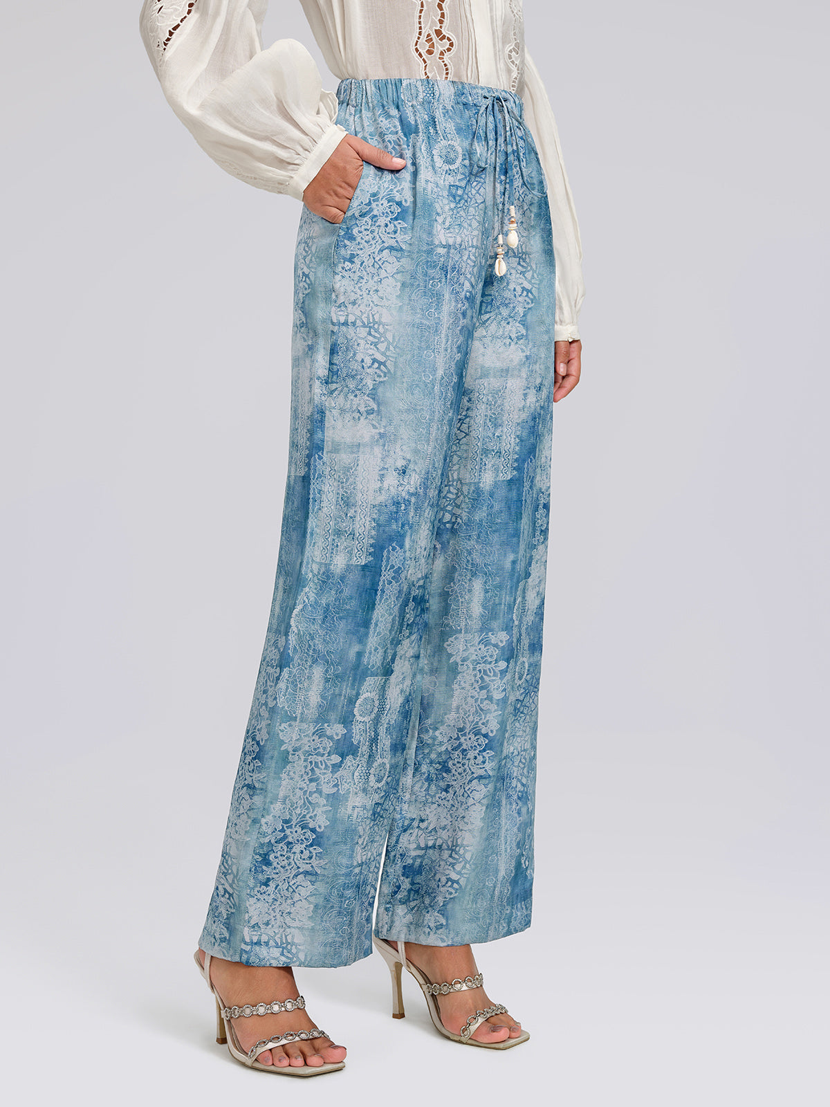 Tencel Printed Elastic Waistband Wide-Leg Pants