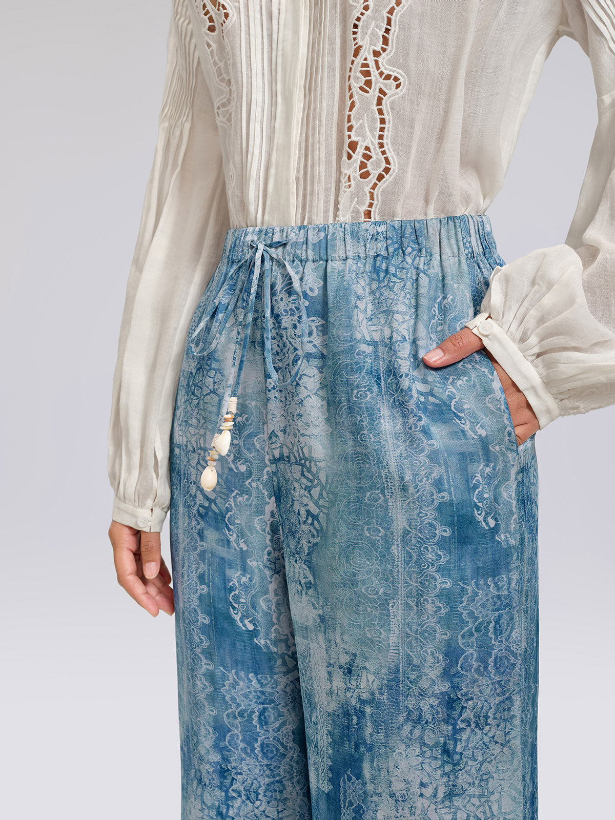 Tencel Printed Elastic Waistband Wide-Leg Pants