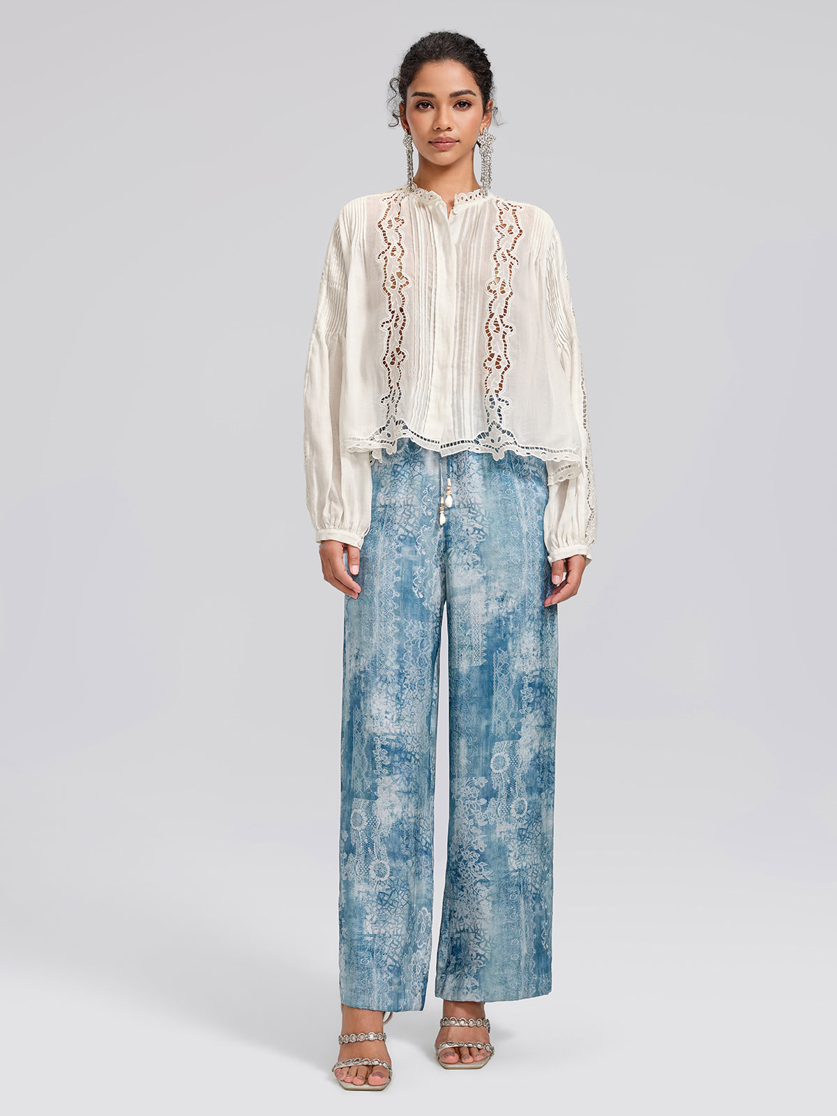 Tencel Printed Elastic Waistband Wide-Leg Pants