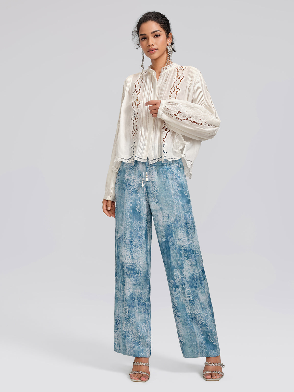 Tencel Printed Elastic Waistband Wide-Leg Pants