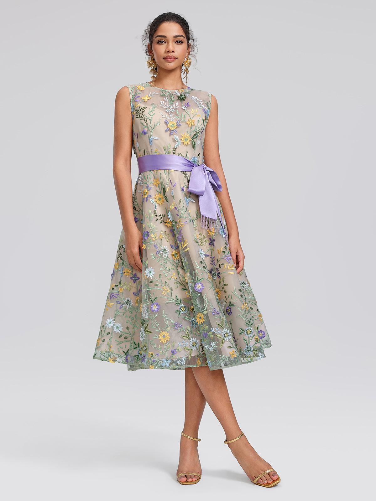 Floral Embroidered Tulle Sleeveless Dress (Wasit Tie & Shawl Included)