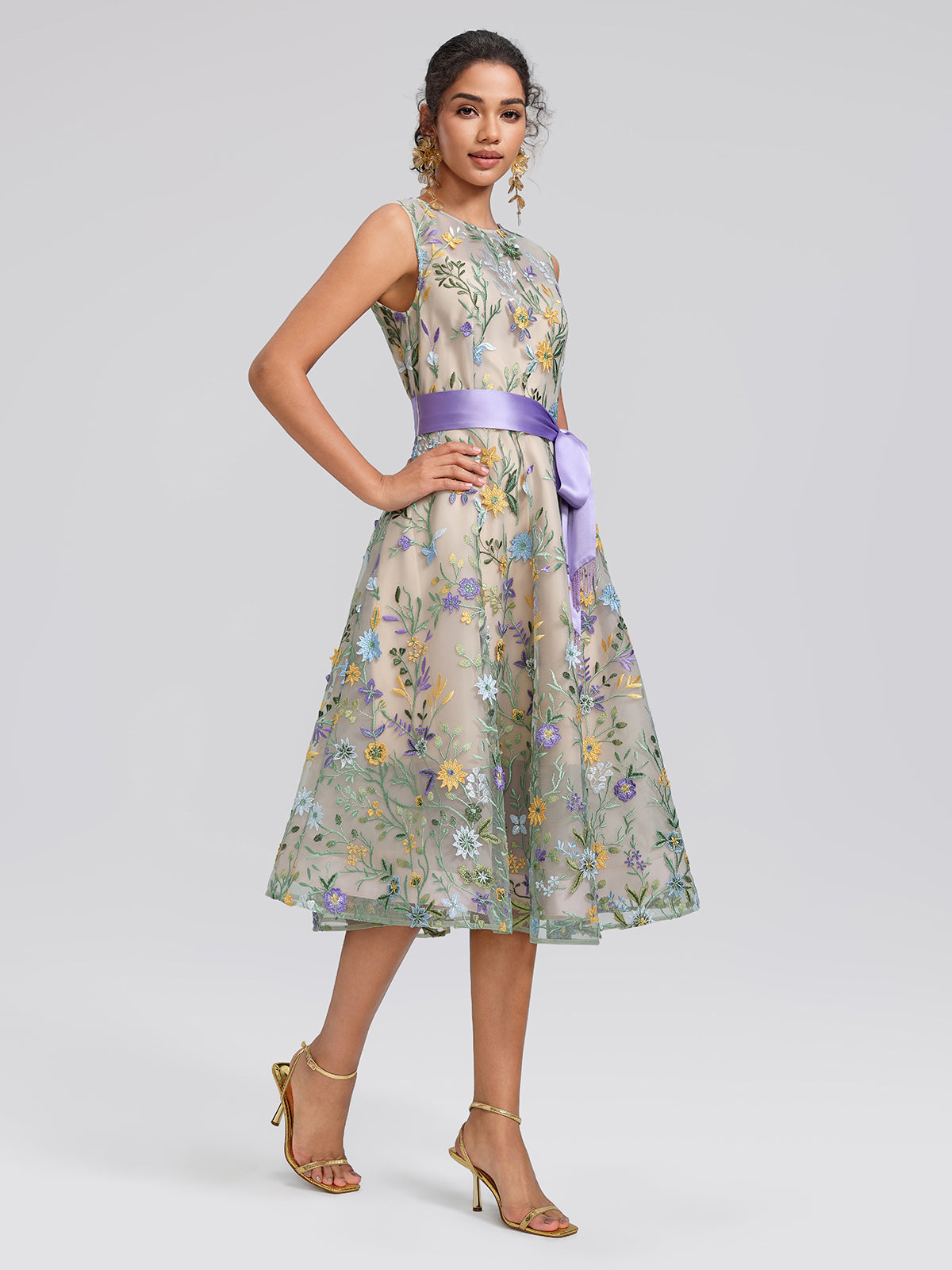 Floral Embroidered Tulle Sleeveless Dress (Wasit Tie & Shawl Included)