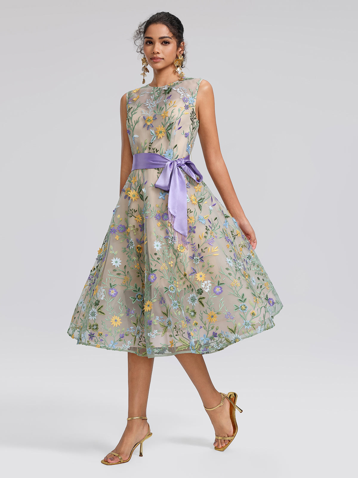 Floral Embroidered Tulle Sleeveless Dress (Wasit Tie & Shawl Included)