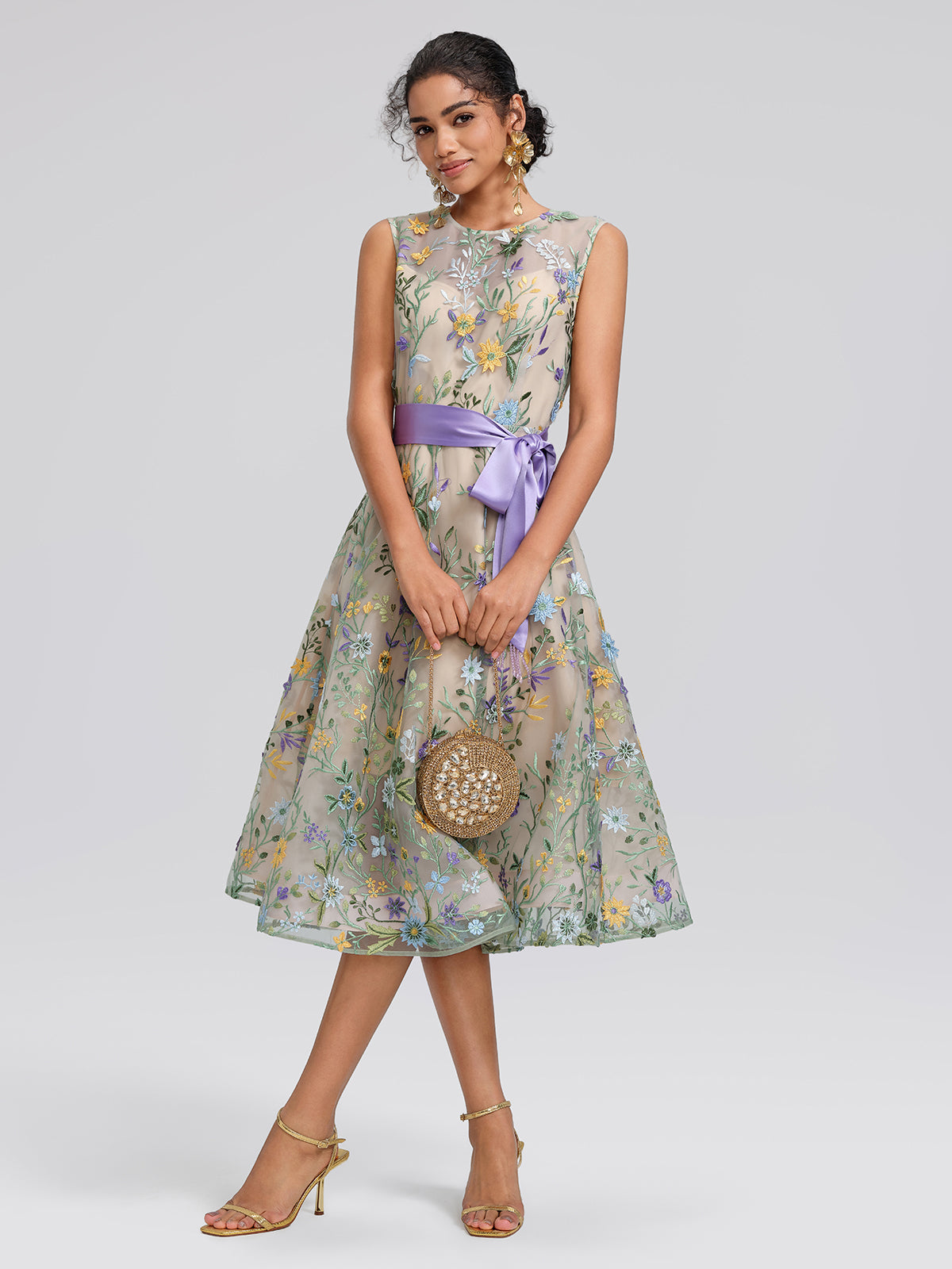 Floral Embroidered Tulle Sleeveless Dress (Wasit Tie & Shawl Included)