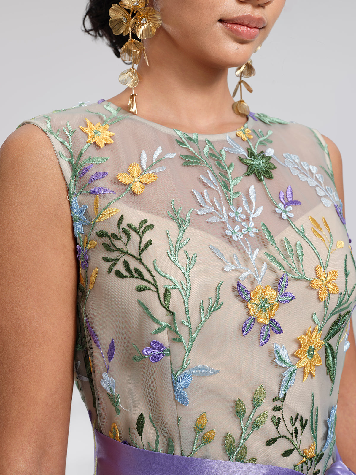 Floral Embroidered Tulle Sleeveless Dress (Wasit Tie & Shawl Included)