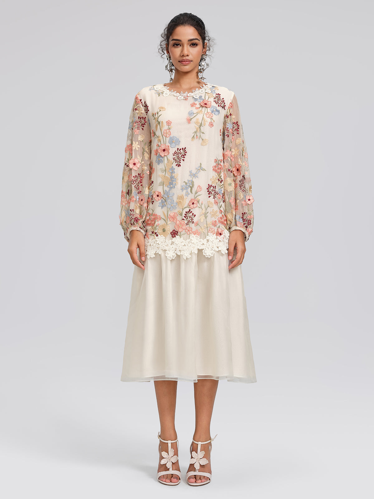 Silk Embroidery Lace-Panel Lantern-Sleeve Dress