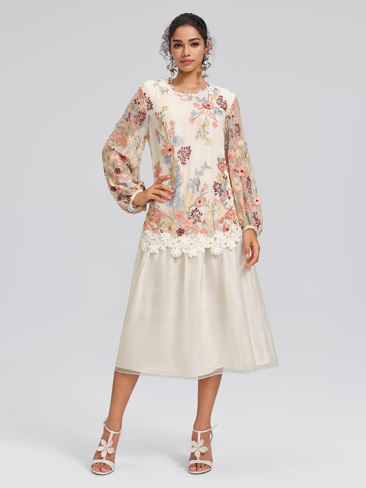 Silk Embroidery Lace-Panel Lantern-Sleeve Dress