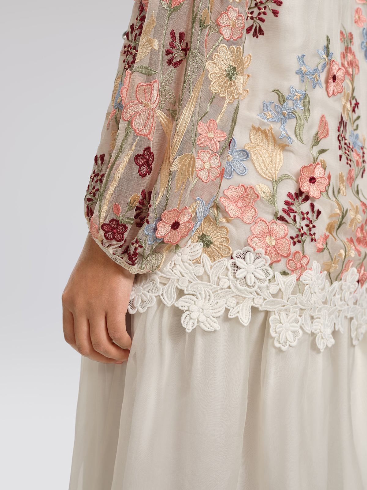 Silk Embroidery Lace-Panel Lantern-Sleeve Dress
