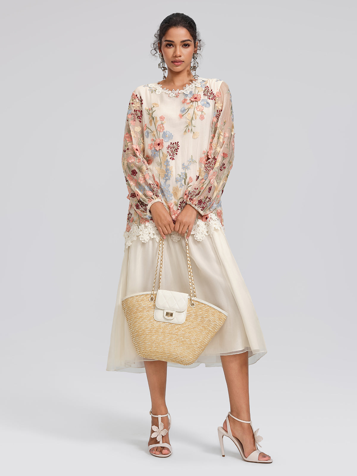 Silk Embroidery Lace-Panel Lantern-Sleeve Dress