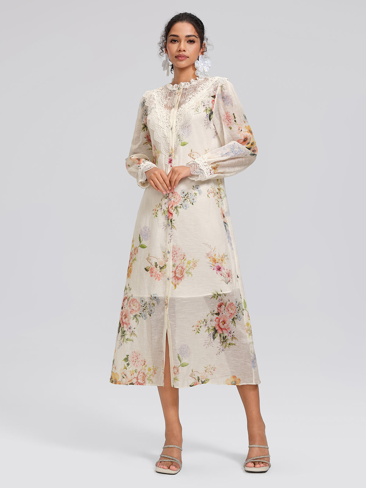 Silk-Linen Printed Lace-Trim Dress (Slip & Belt Included)
