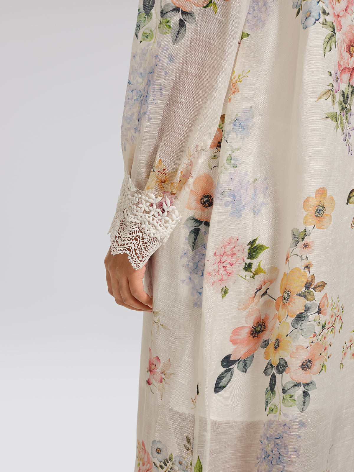 Silk-Linen Printed Lace-Trim Dress (Slip & Belt Included)