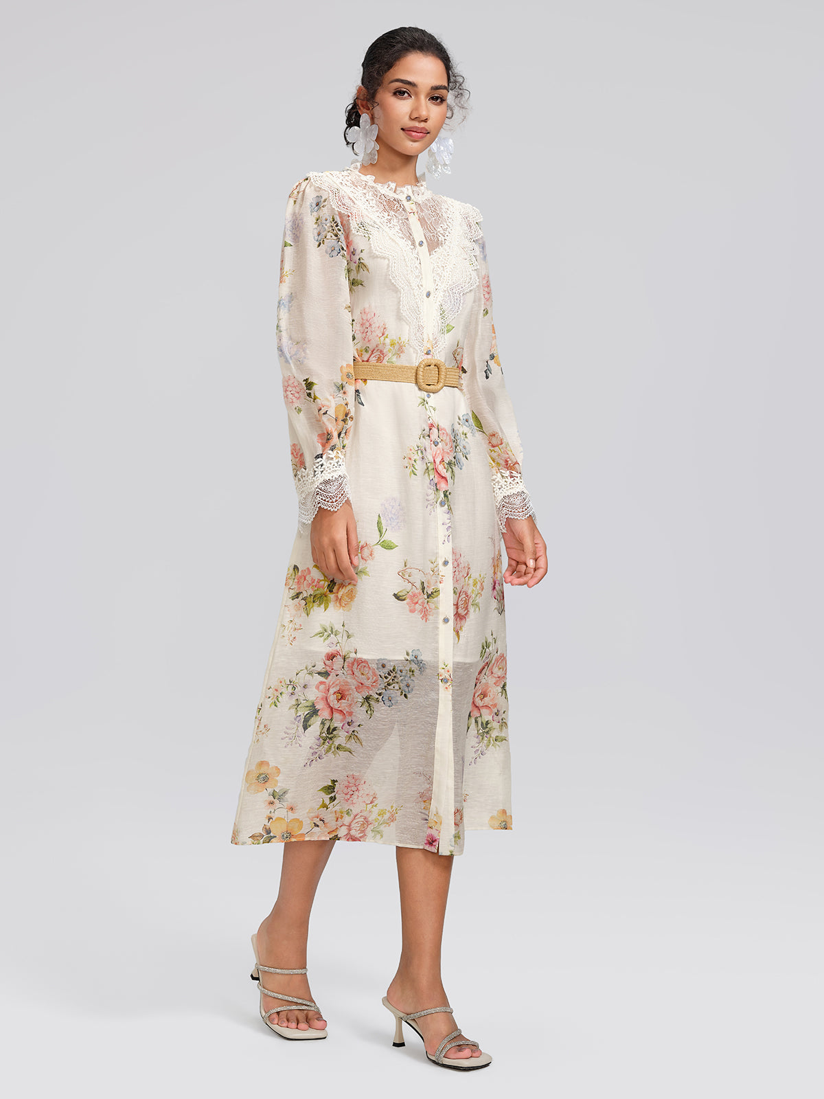 Silk-Linen Printed Lace-Trim Dress (Slip & Belt Included)