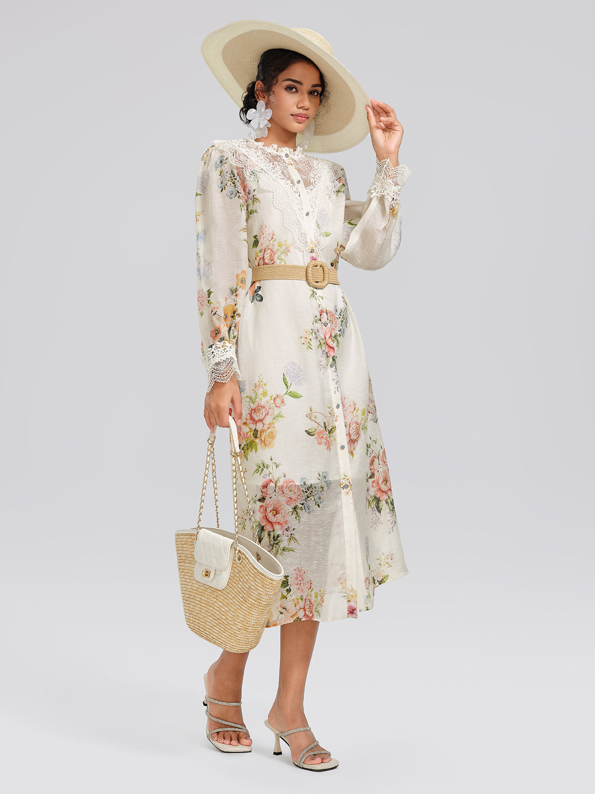 Silk-Linen Printed Lace-Trim Dress (Slip & Belt Included)