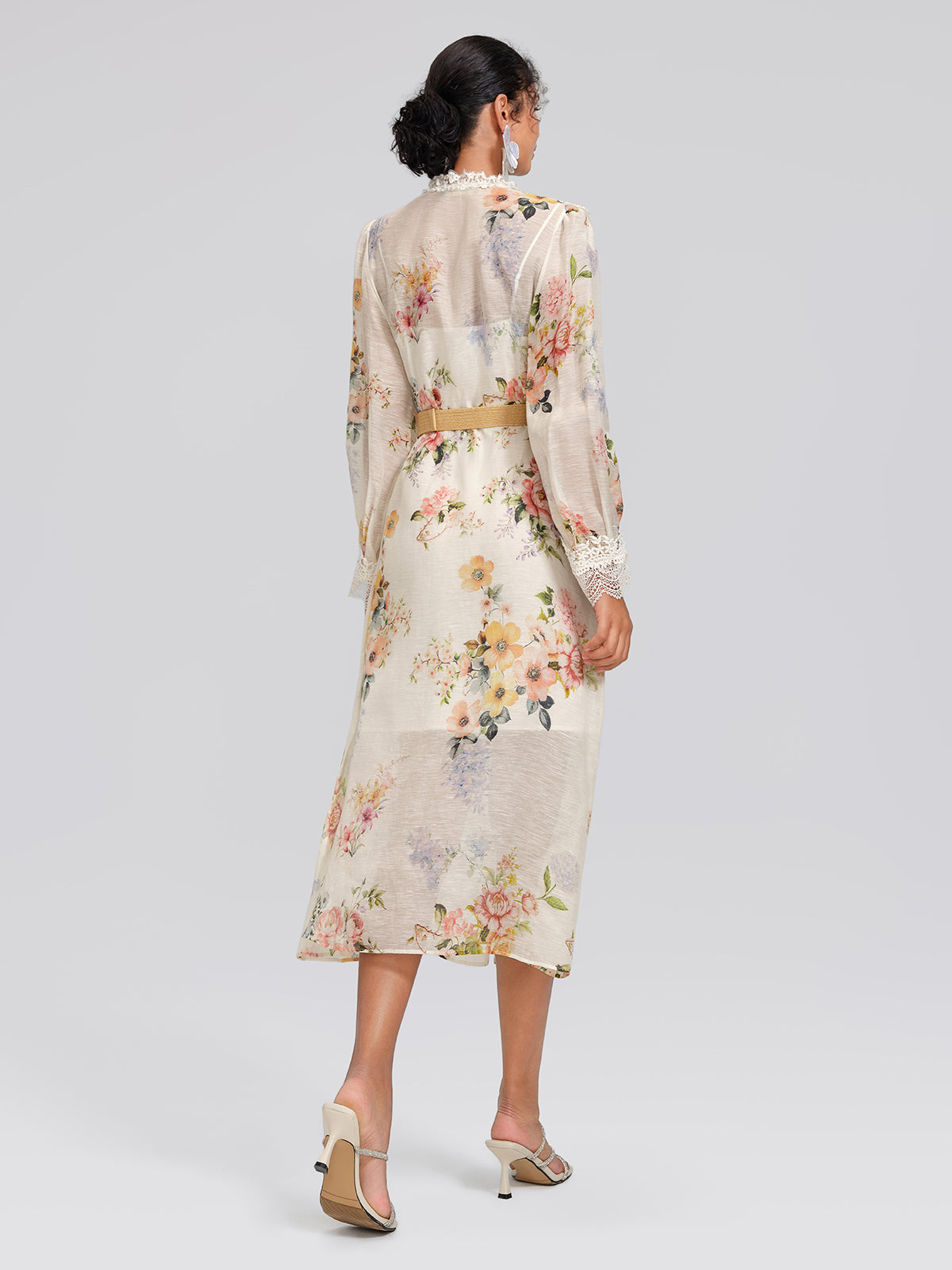 Silk-Linen Printed Lace-Trim Dress (Slip & Belt Included)