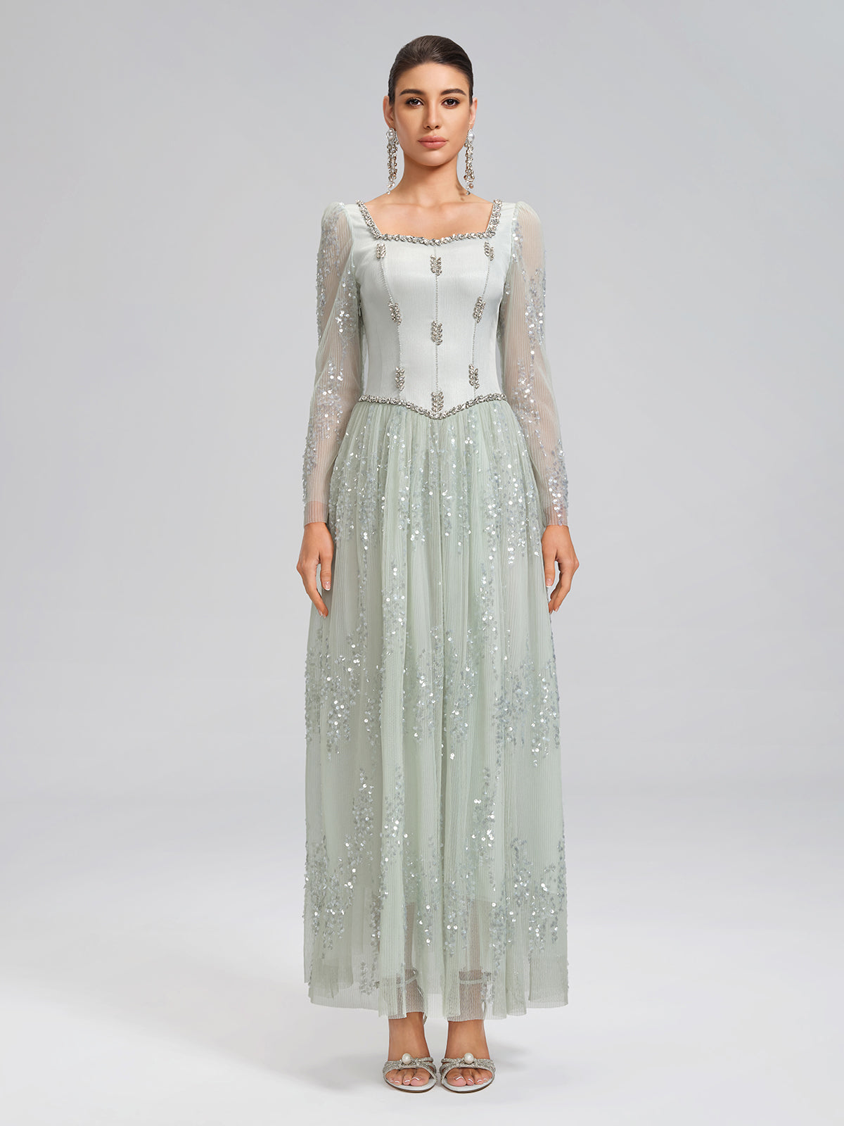 Hand-Beading Sequin Mesh Square-Neck Dress