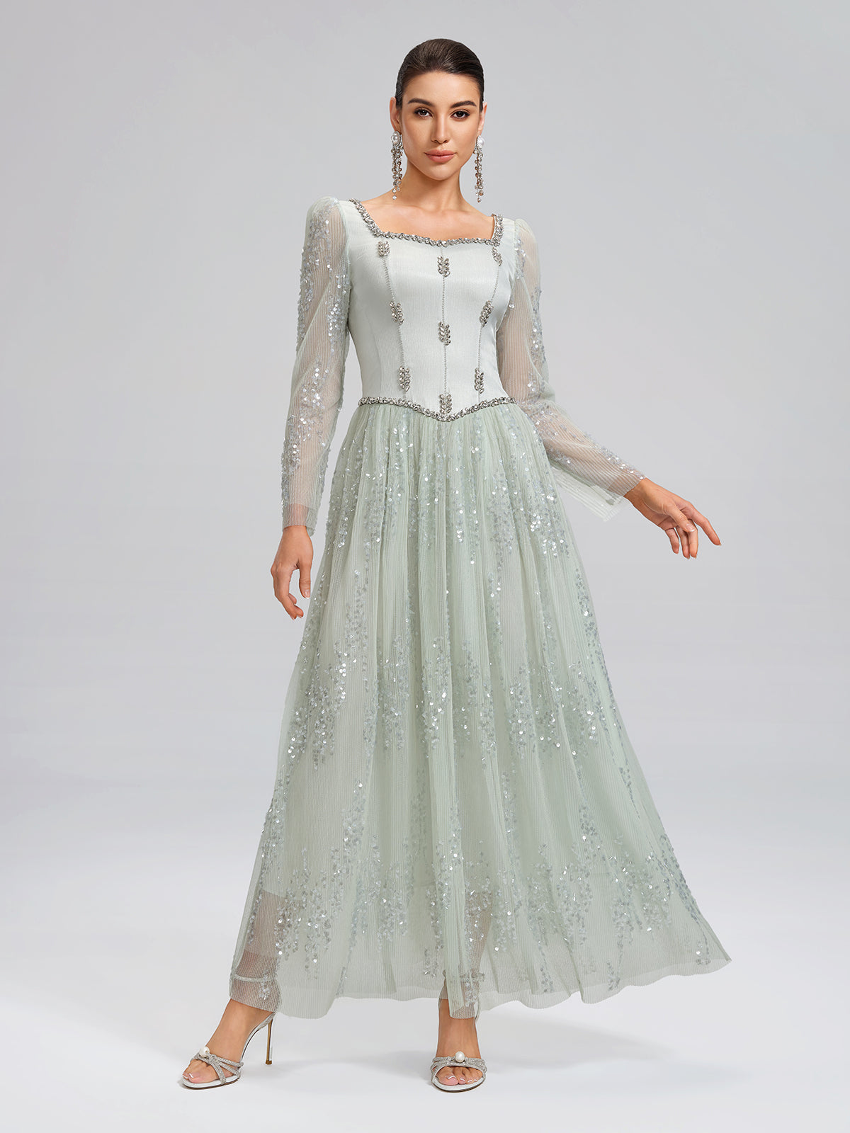 qweek mesh dress Hand-Beading Sequin Square-Neck Dress, GREEN / S Style:Without Slit midis and maxis are Boho Wedding Dress Plus Size ROHYA | A-line wedding