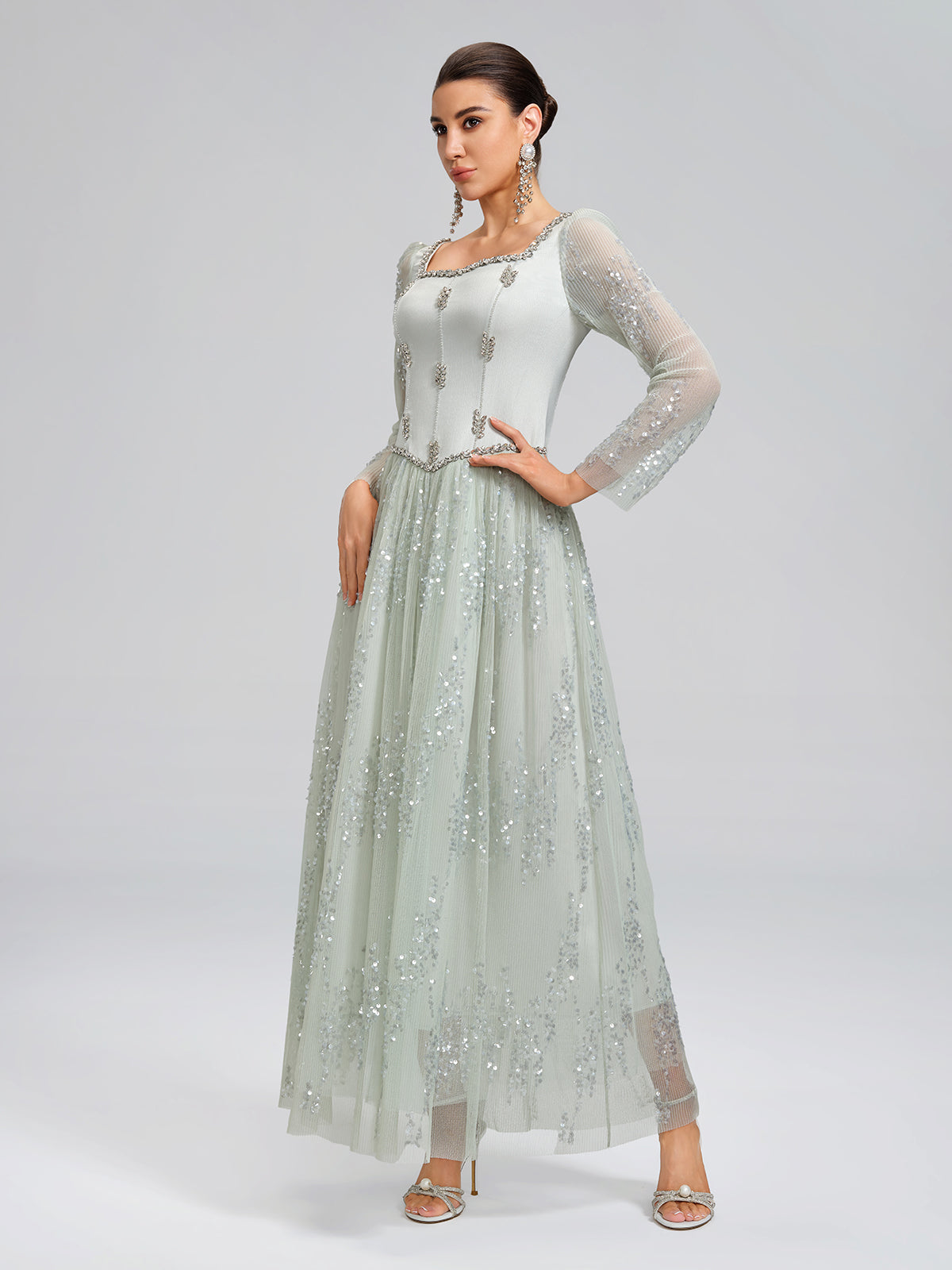Hand-Beading Sequin Mesh Square-Neck Dress