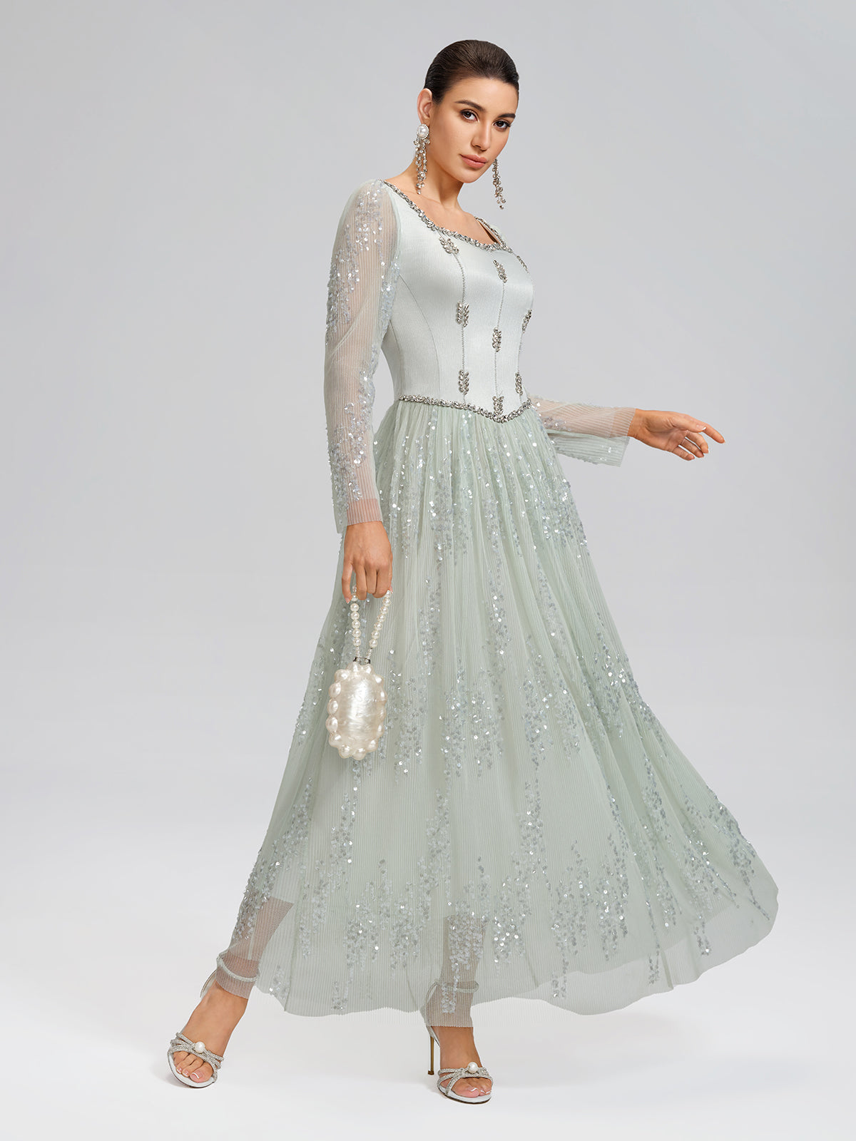 Hand-Beading Sequin Mesh Square-Neck Dress