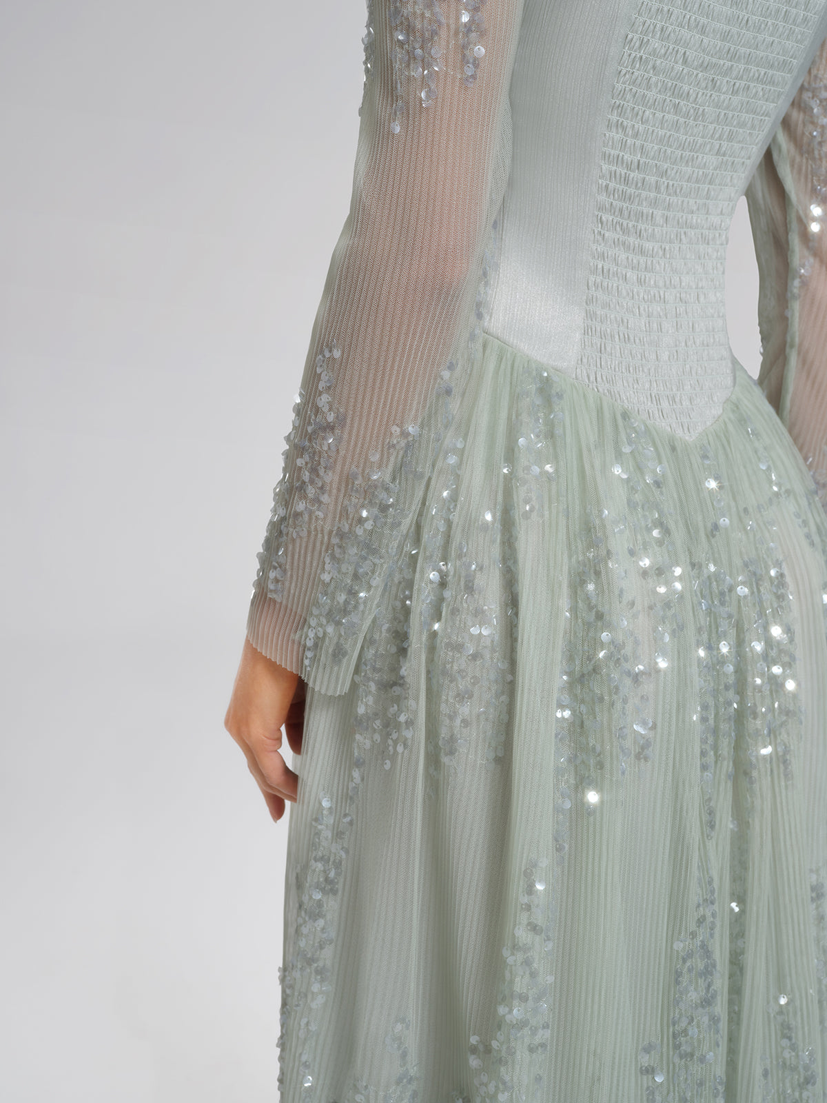 Hand-Beading Sequin Mesh Square-Neck Dress