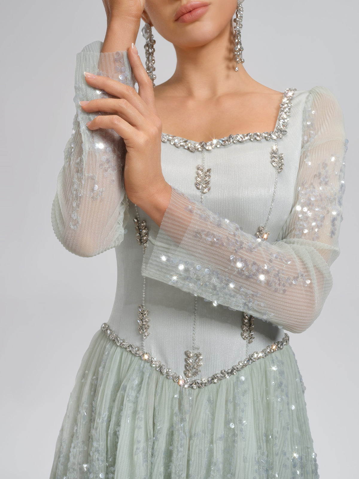 Hand-Beading Sequin Mesh Square-Neck Dress