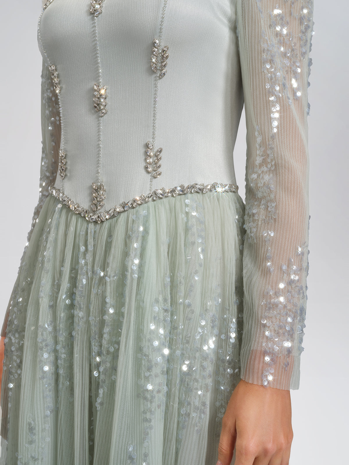 Hand-Beading Sequin Mesh Square-Neck Dress