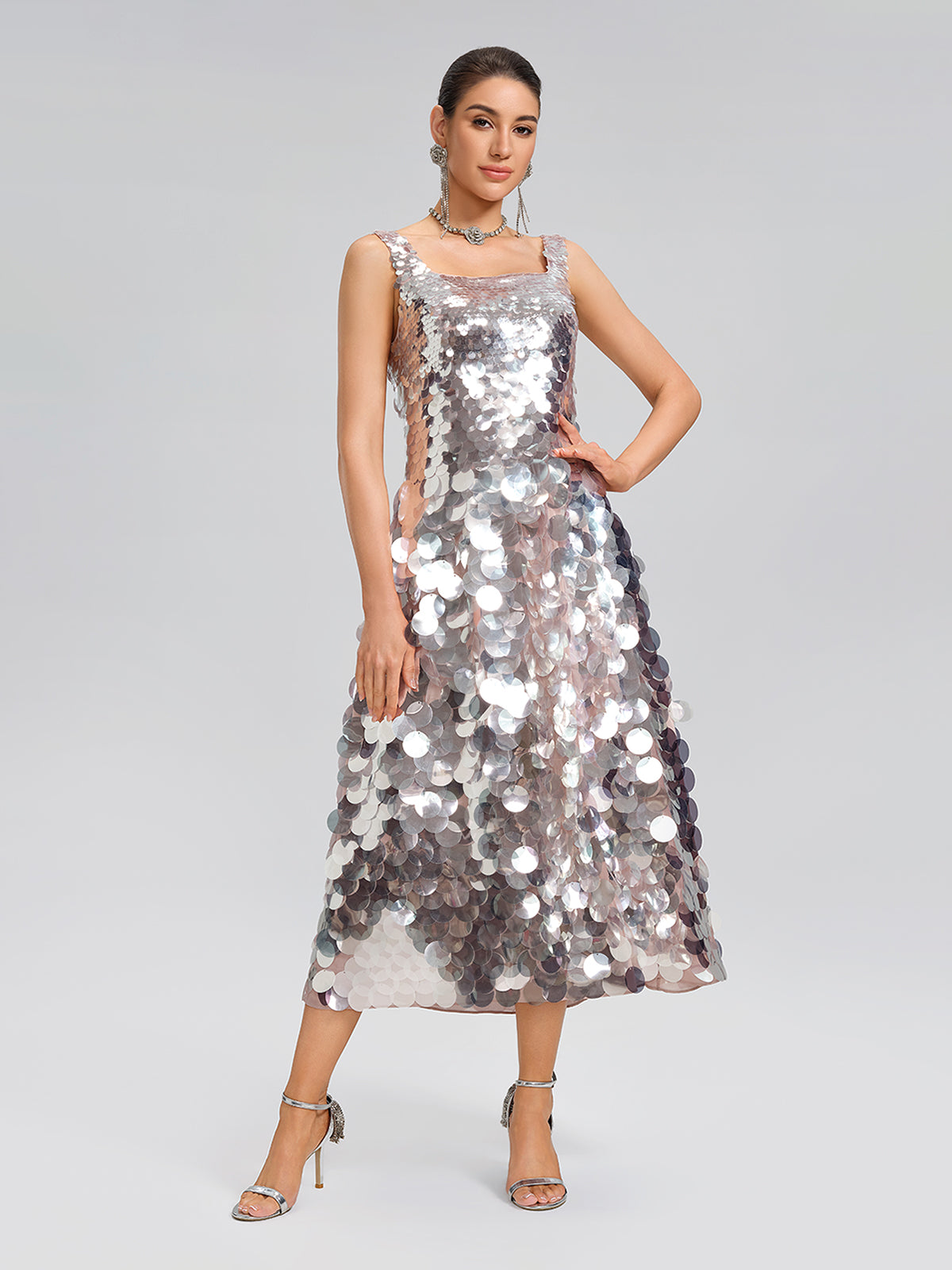 Silver Sequin Square-Neck Gown