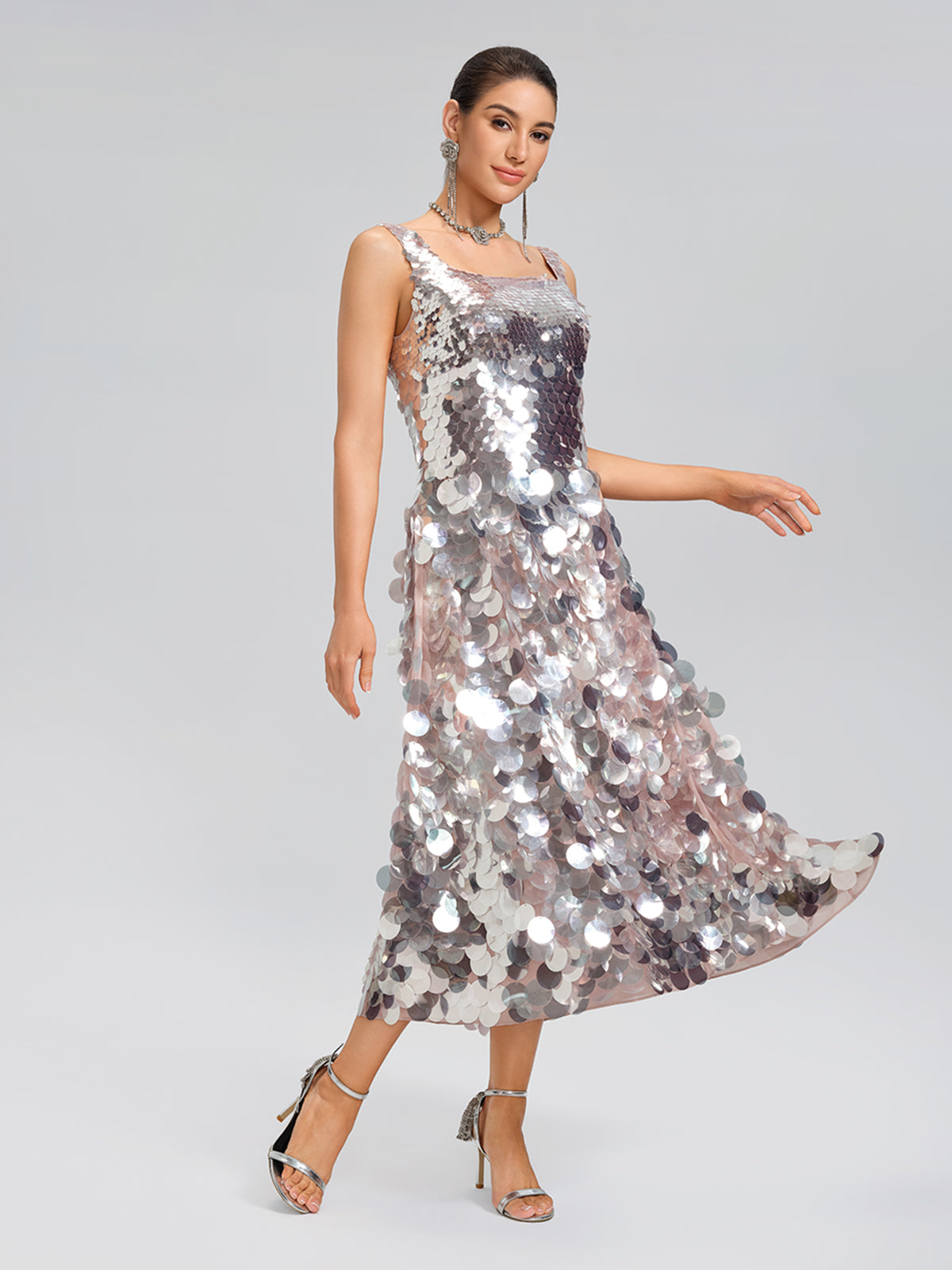 Silver Sequin Square-Neck Gown