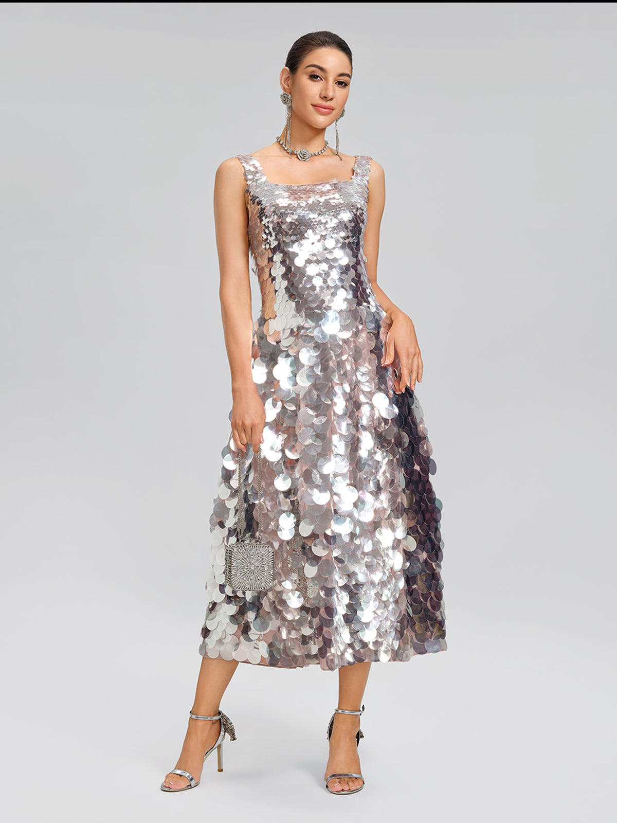 Silver Sequin Square-Neck Gown