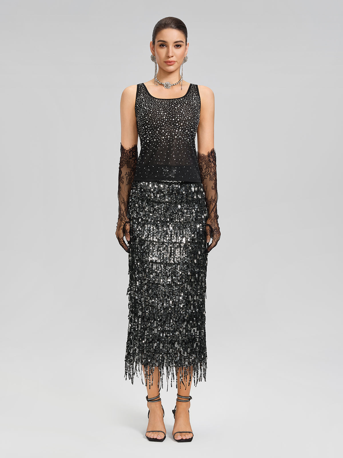 Rhinestones Mesh U-Neck Fitted Sleeveless Top