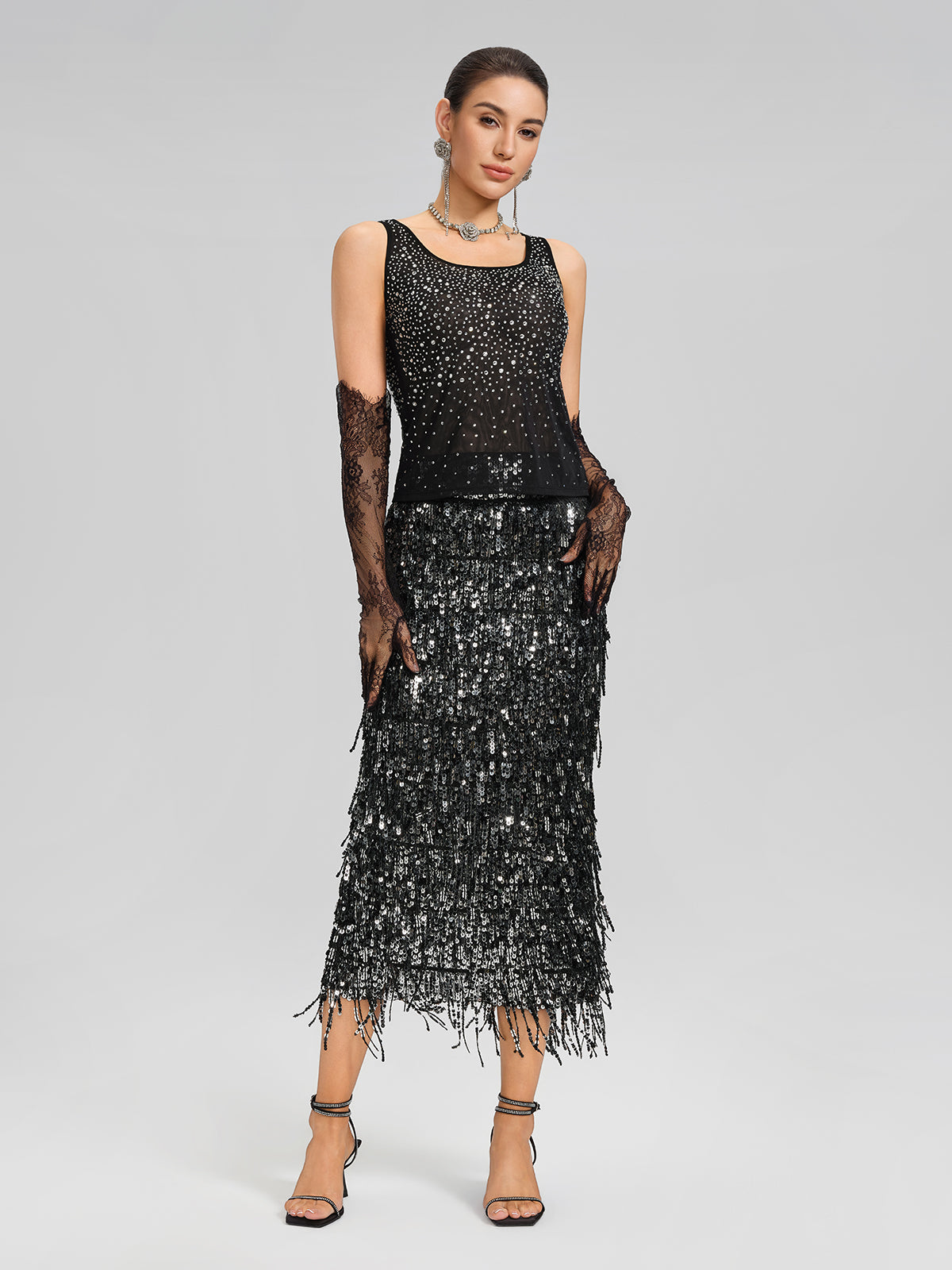 Rhinestones Mesh U-Neck Fitted Sleeveless Top