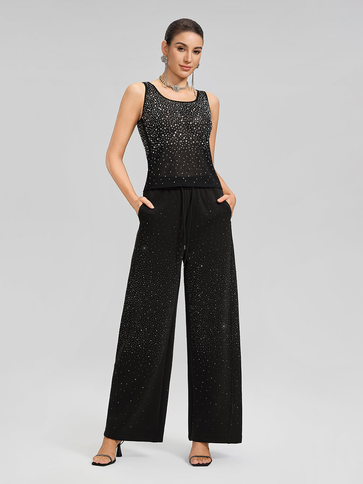 Rhinestones Mesh U-Neck Fitted Sleeveless Top