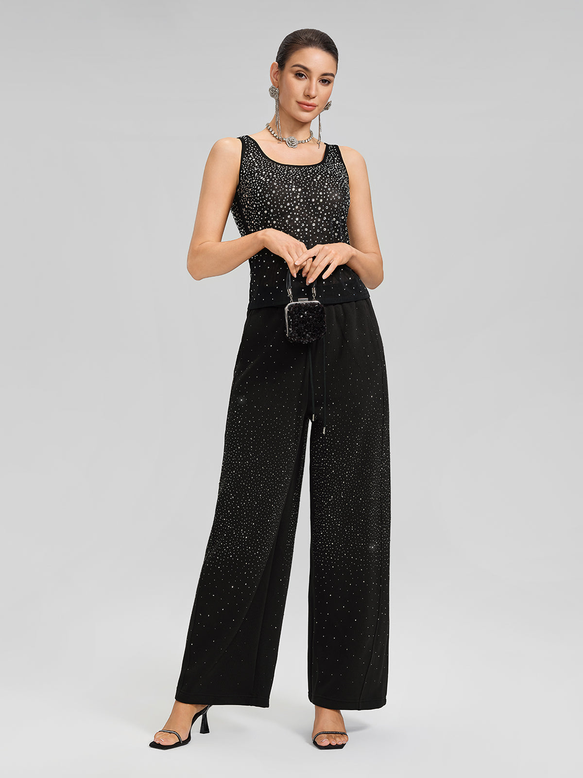 Rhinestones Mesh U-Neck Fitted Sleeveless Top