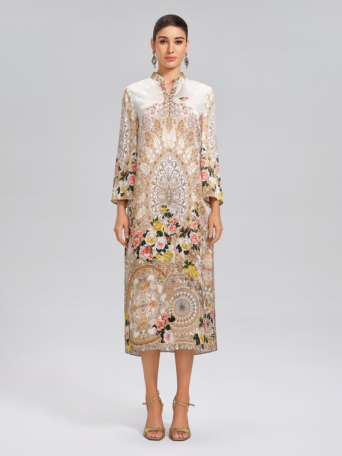 100% Silk Printed Stand-Collar Dress