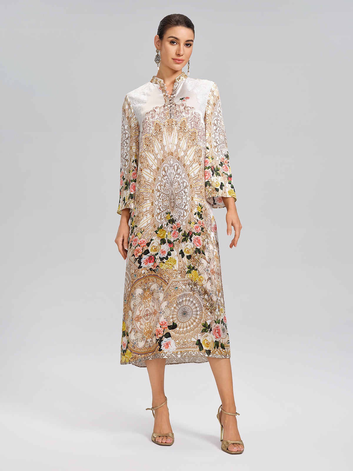 100% Silk Printed Stand-Collar Dress