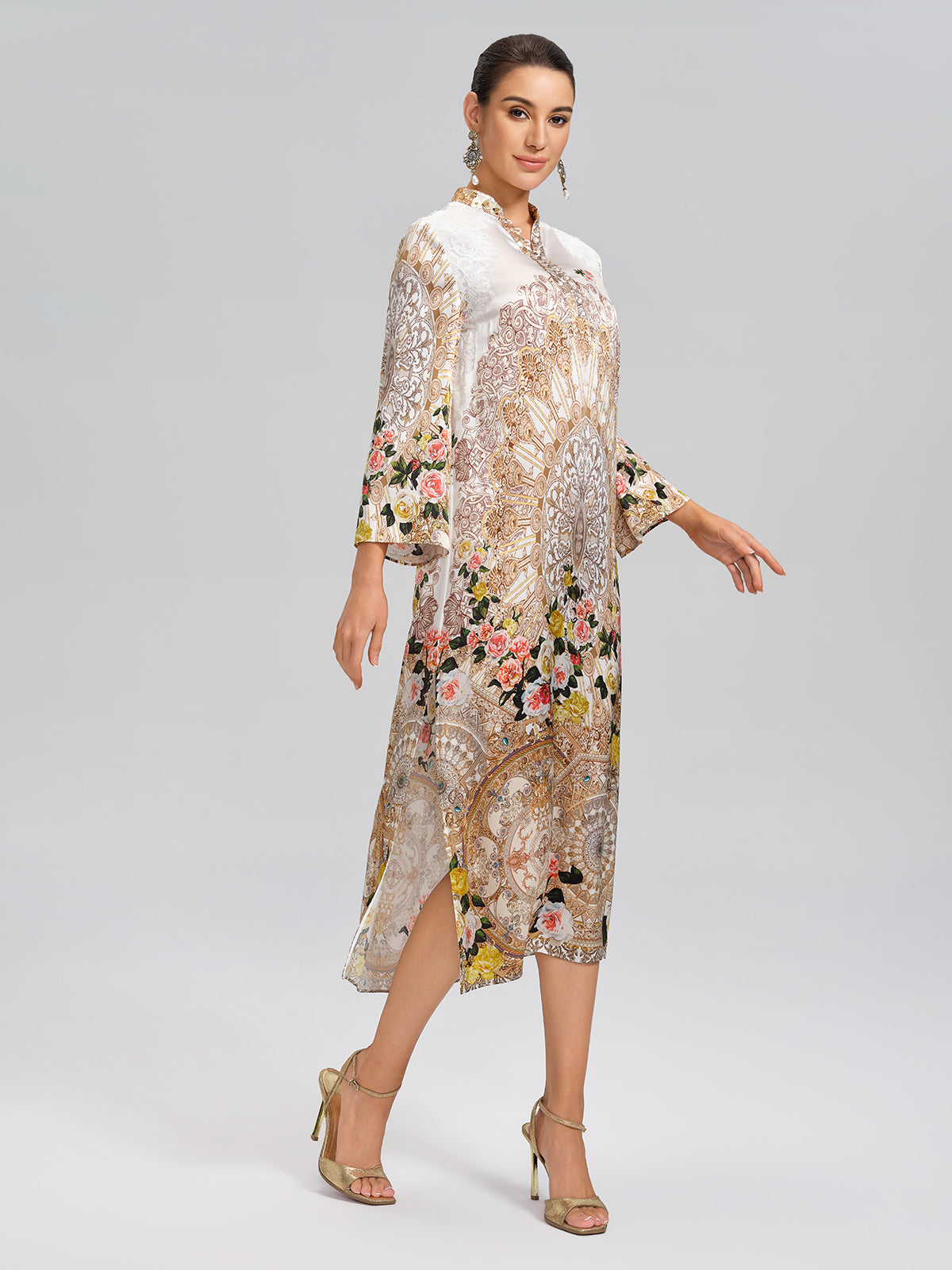 100% Silk Printed Stand-Collar Dress